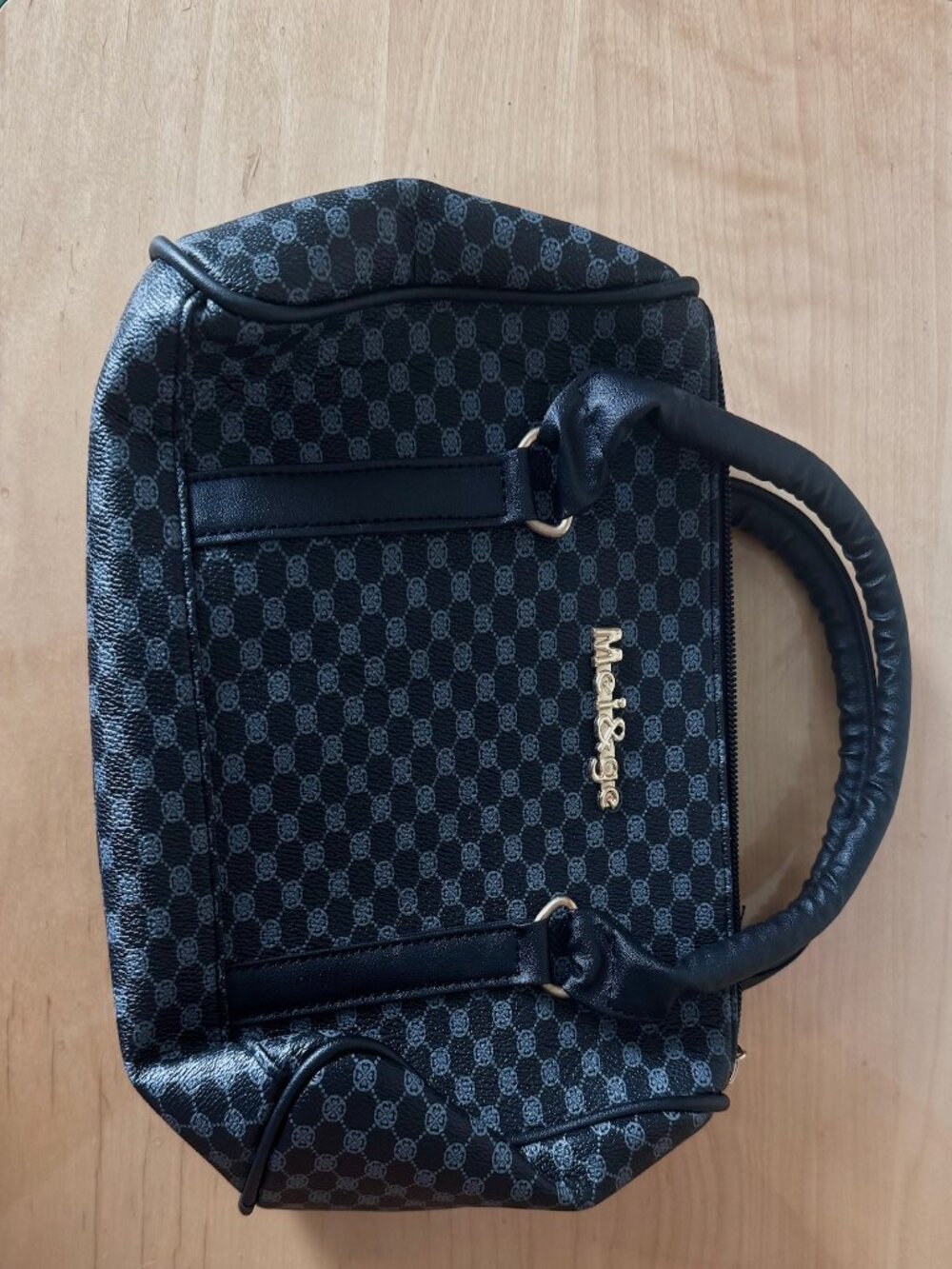 Mei&Ge Black & Grey Geometric Patterned Faux Leather Top-Handle Handbag